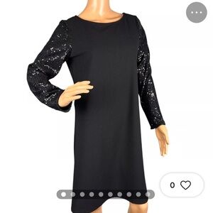 🆕MARINA- Marina Rinaldi- Long Sequin Sleeves Sheath w/V back, Black, Size 12 NWT